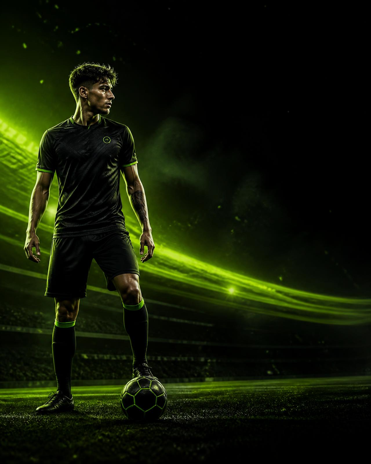 Atleta de futebol em campo com iluminação verde neon